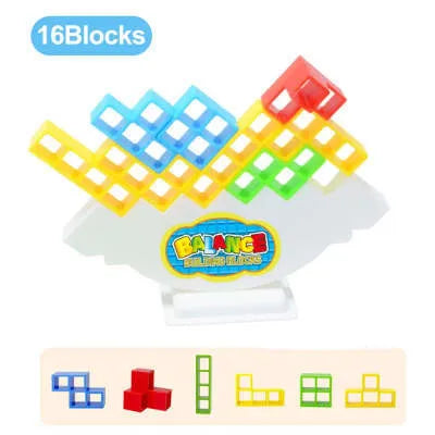 Plastic balance stacking game with 16 coloured blocks, chassis and base for family travel parties