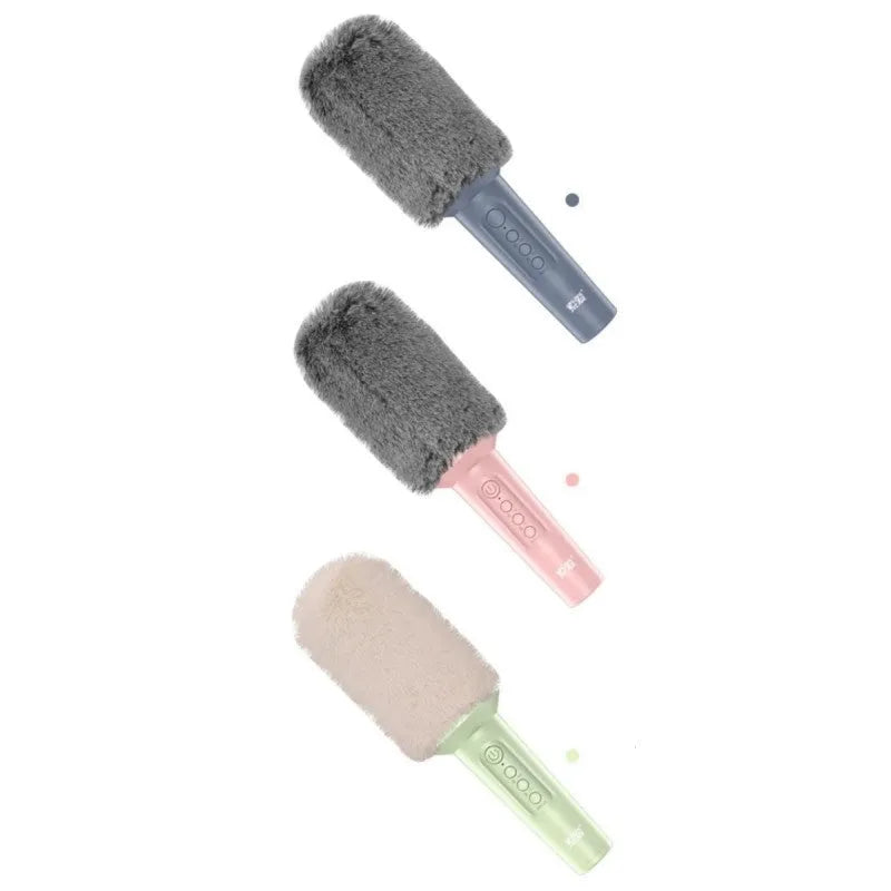 Wireless Bluetooth karaoke microphone in pink, blue, or green colour on a plain background.