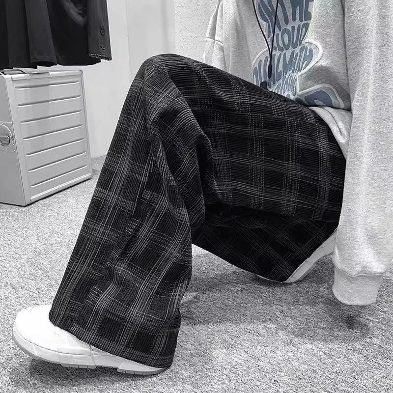 Japanese retro loose plaid trousers, mid waist straight cut, available in black and green, sizes S to 3XL