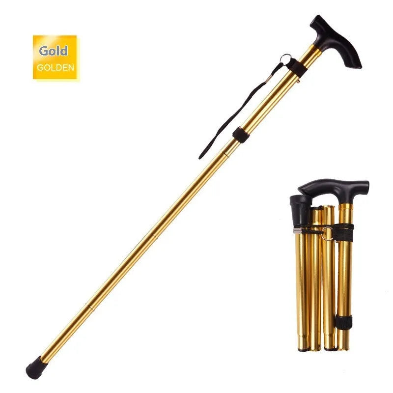 Aluminium alloy folding walking stick adjusted to show length, displayed in a choice of colours.