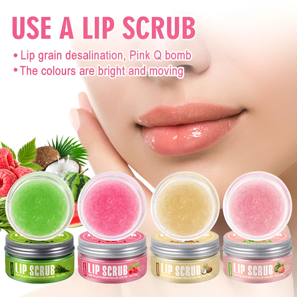 Amatoni Lip Scrub jar in one of four flavours: Coconut, Raspberry, Vanilla, or Watermelon, 30g net weight.