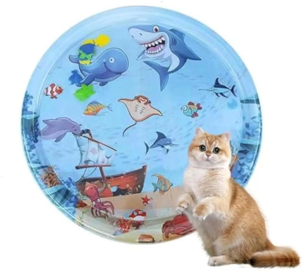 Blue 0.5mm thickened cat water mat with ocean fish toys and inflator, 90cm diameter, on floor