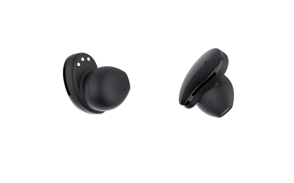 Black smart bracelet with detachable TWS earbuds showing colour screen display
