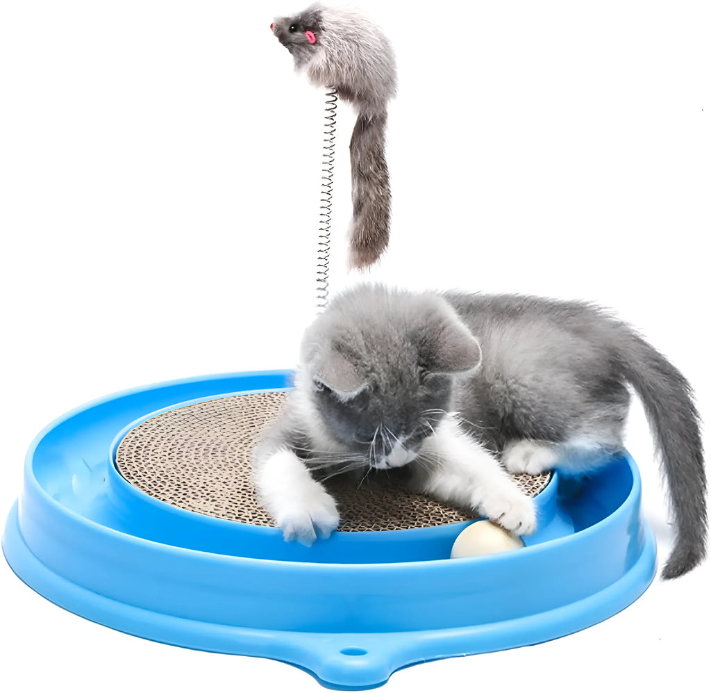 Interactive cat scratcher toy with ball track and replaceable cardboard scratch pad in blue colour