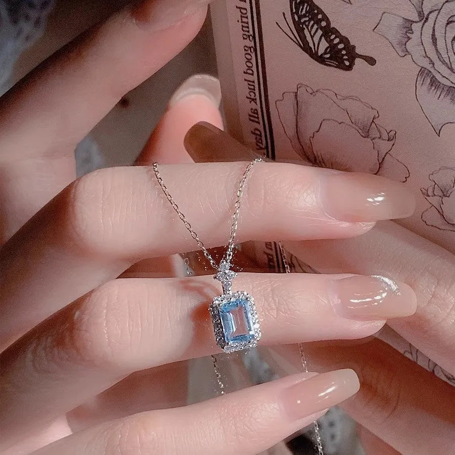 Blue electroplated square 925 silver pendant necklace on titanium steel O-link chain