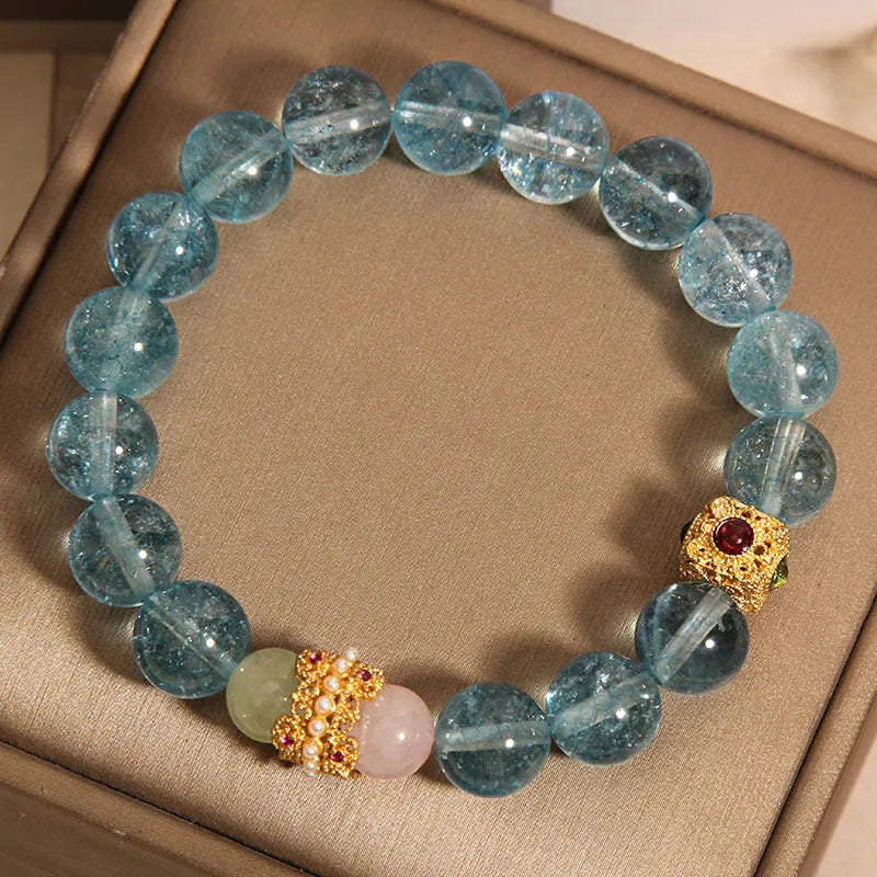 Blue crystal bracelet for women with natural cube sugar crystals and flexible ring in New Chinese style