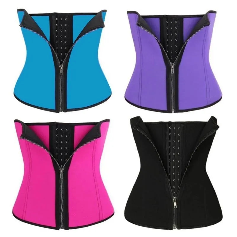 Neoprene body shaping belly band corset for waist trimming and exercise, available in multiple sizes and colours