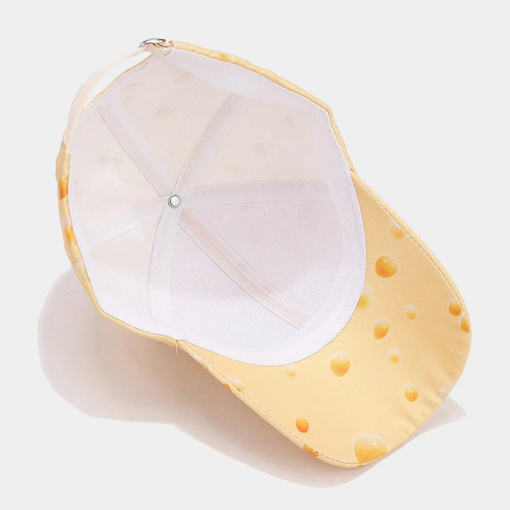 Full printed cheese pattern polyester peaked cap with adjustable size and dome crown