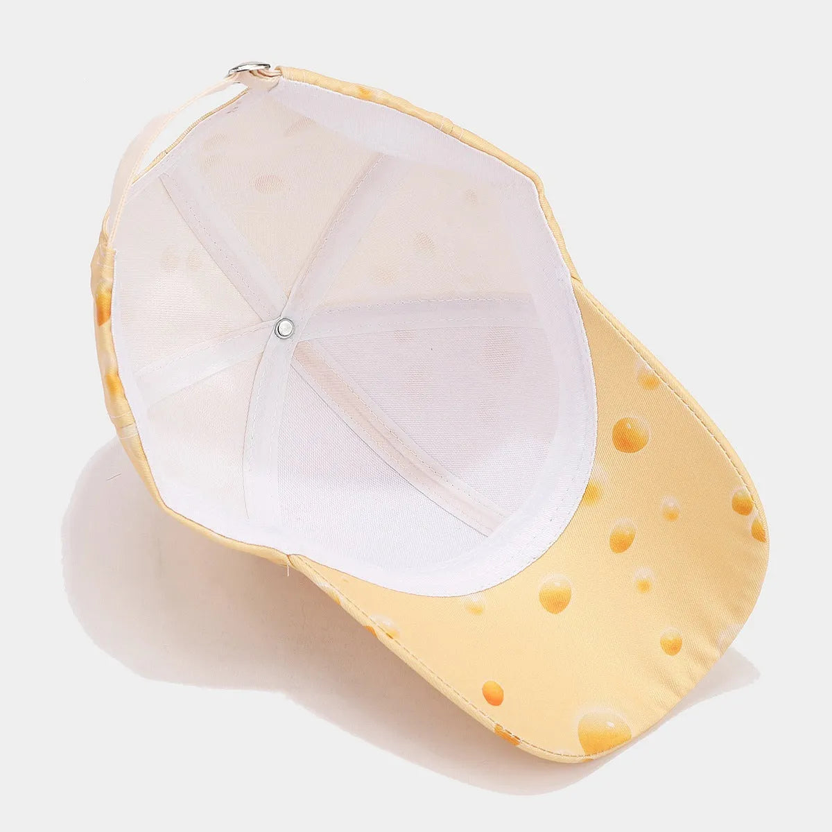 Full printed cheese pattern polyester peaked cap with adjustable size and dome crown