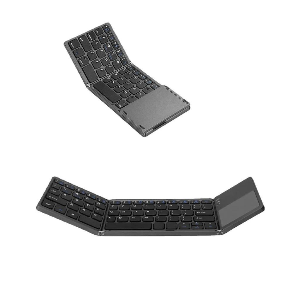 Mini tri-fold aluminium Bluetooth keyboard shown folded to 30.2cm length beside smartphone