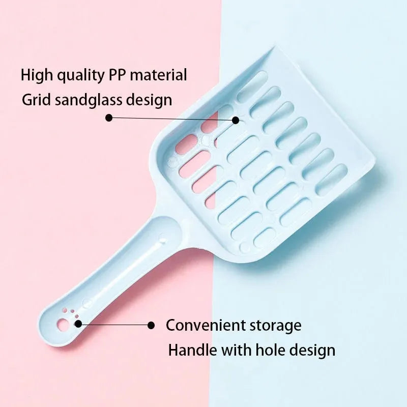 Blue plastic cat litter scoop on a white background showing its 20cm length.