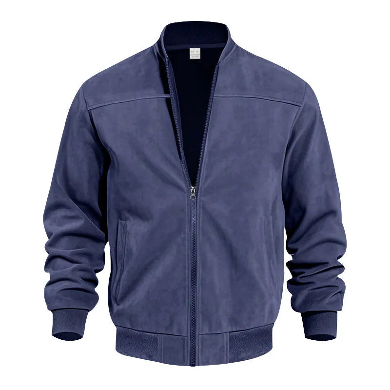 Men's black suede casual zip-up jacket with a regular fit on a model.