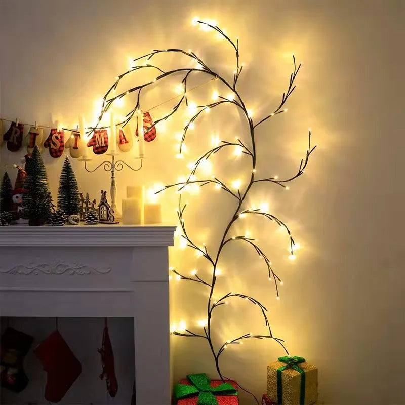 Flexible 2.3m vine light garland with 144 warm white LEDs and birch bark texture on a wall