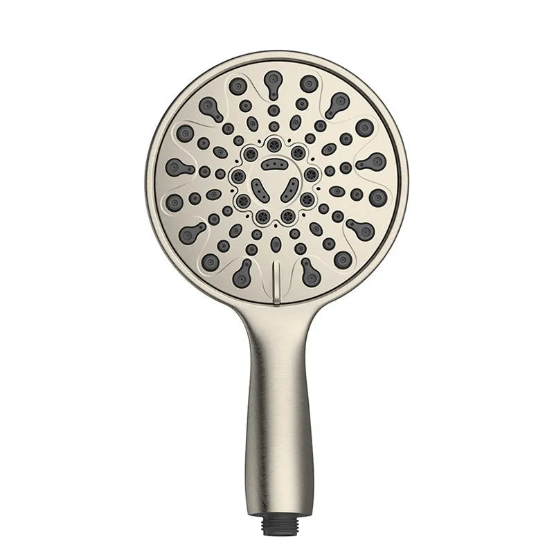 Chrome-finished six-function handheld shower head with ABS plastic housing