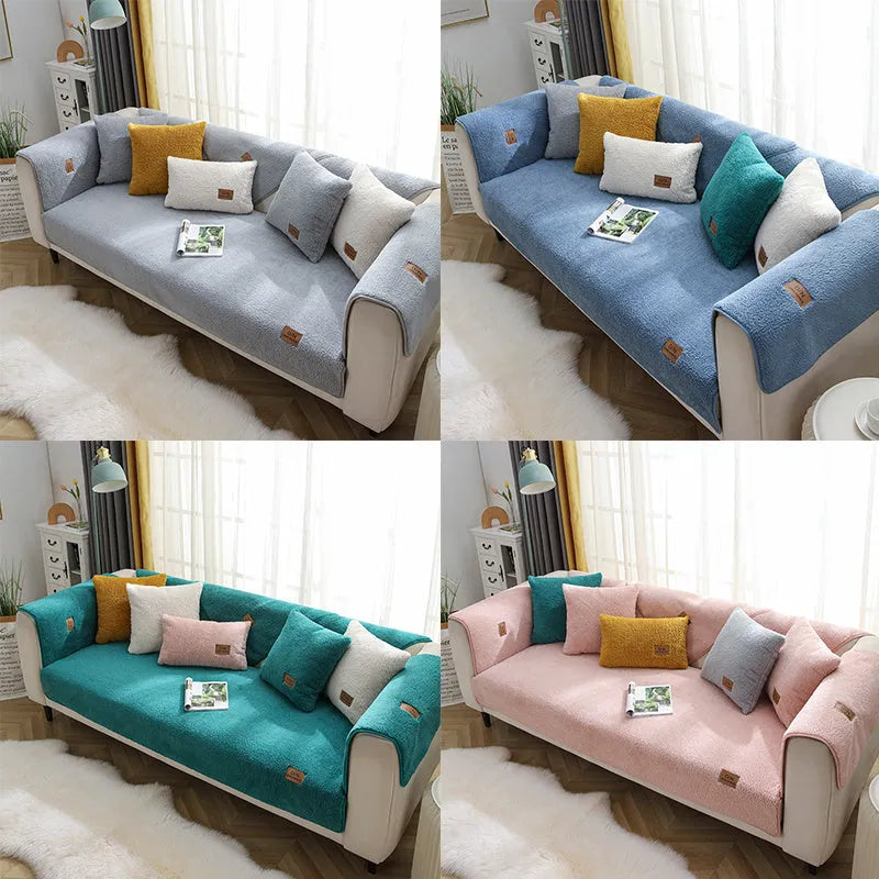 Modern solid colour thicken plush sofa cover with anti-slip backing, lamb velvet texture, beige colour