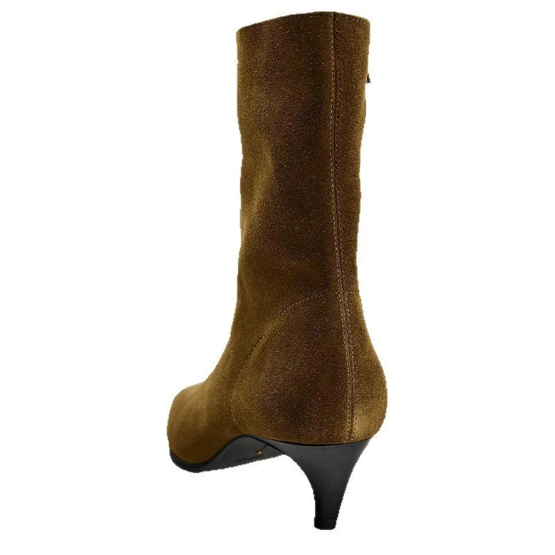Brown women's square toe mid-calf boots with a side zipper and a low kitten heel on a waterproof platform sole.