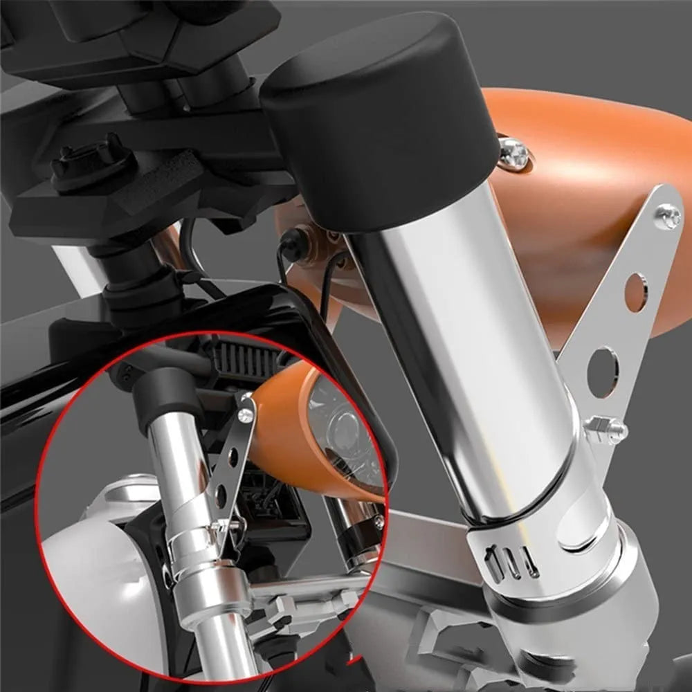 Pair of black iron motorcycle headlamp support brackets for retro modified headlamps, 27-36mm or 38-48mm sizes