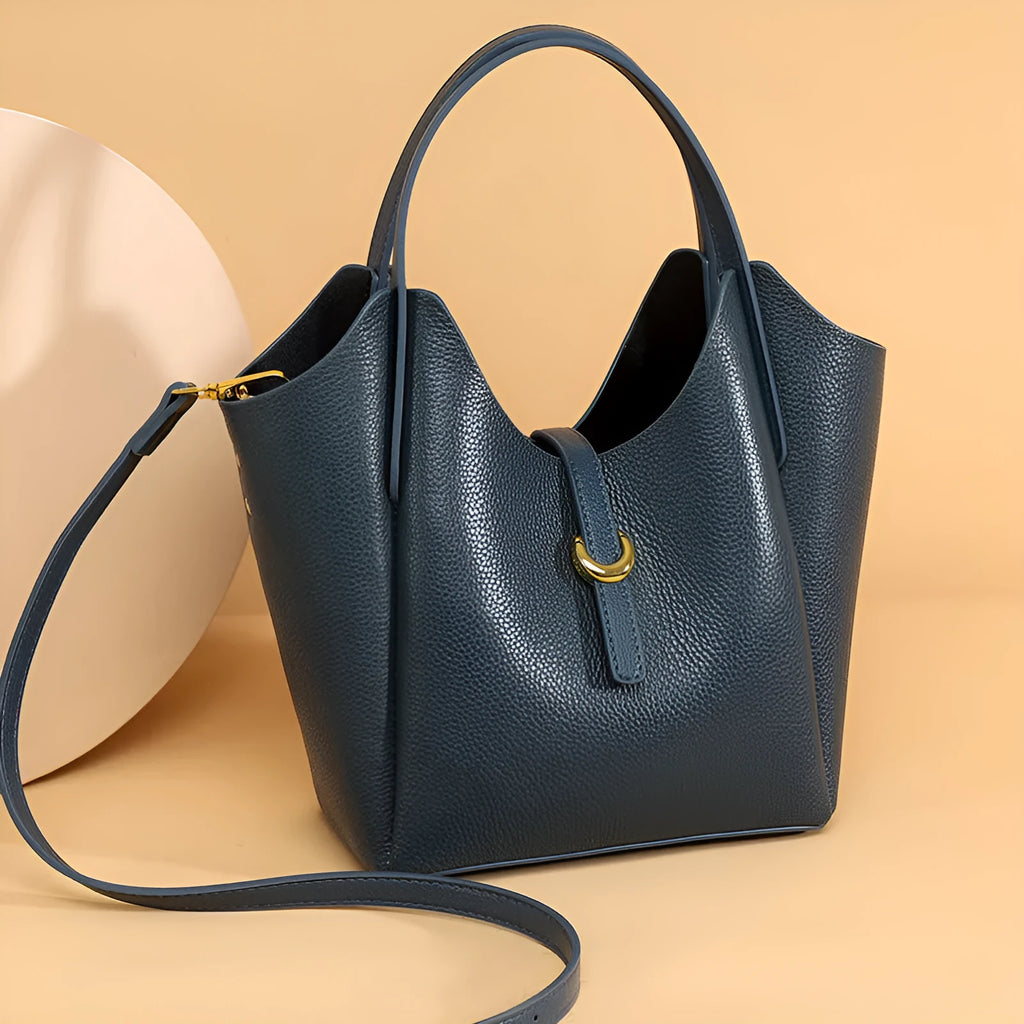 Genuine leather retro bucket bag with file compartment in lake blue colour option