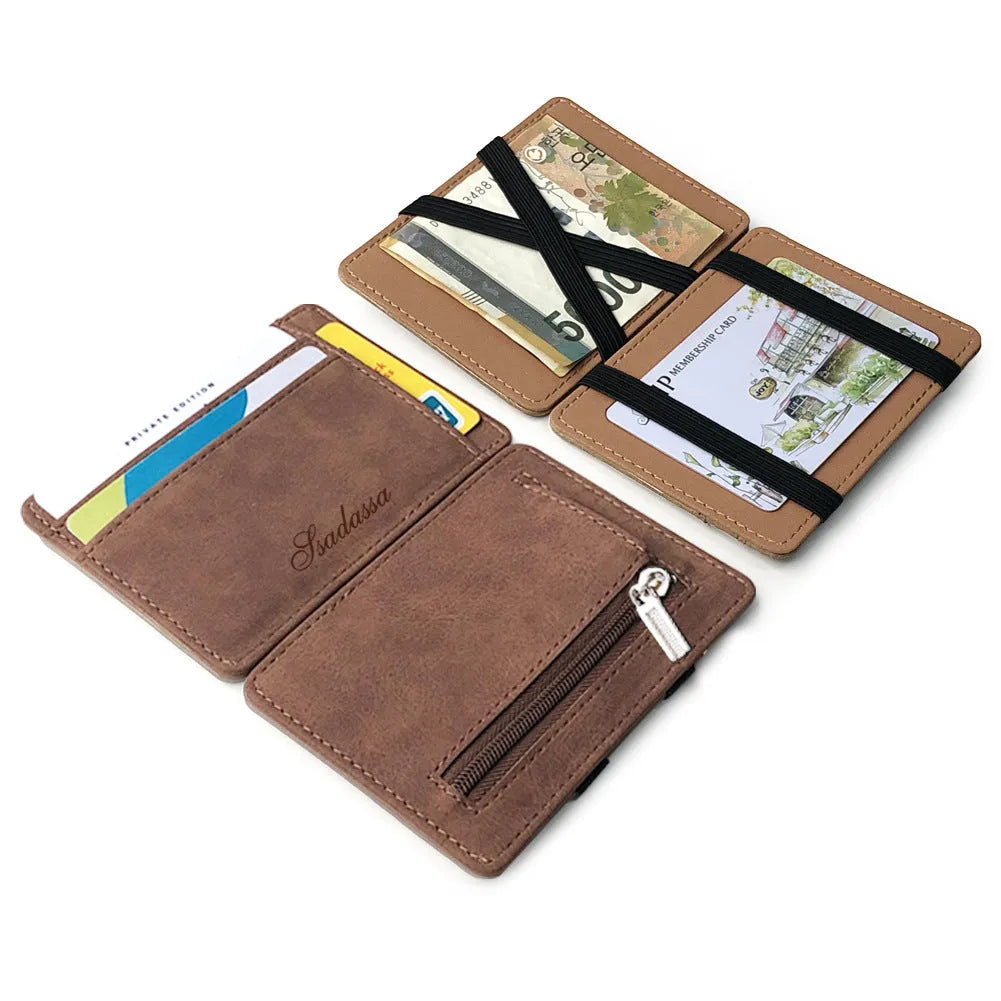 Korean style matte leather magic wallet in light gray with visible sewing lines and coin pocket
