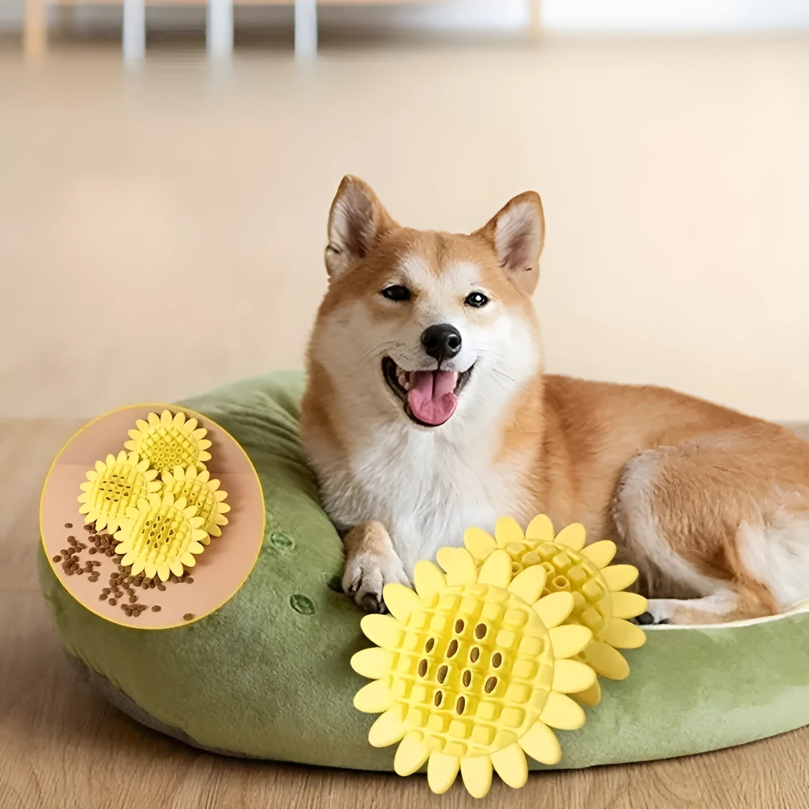 Yellow rubber sunflower dog toy for teething puppies on a light background