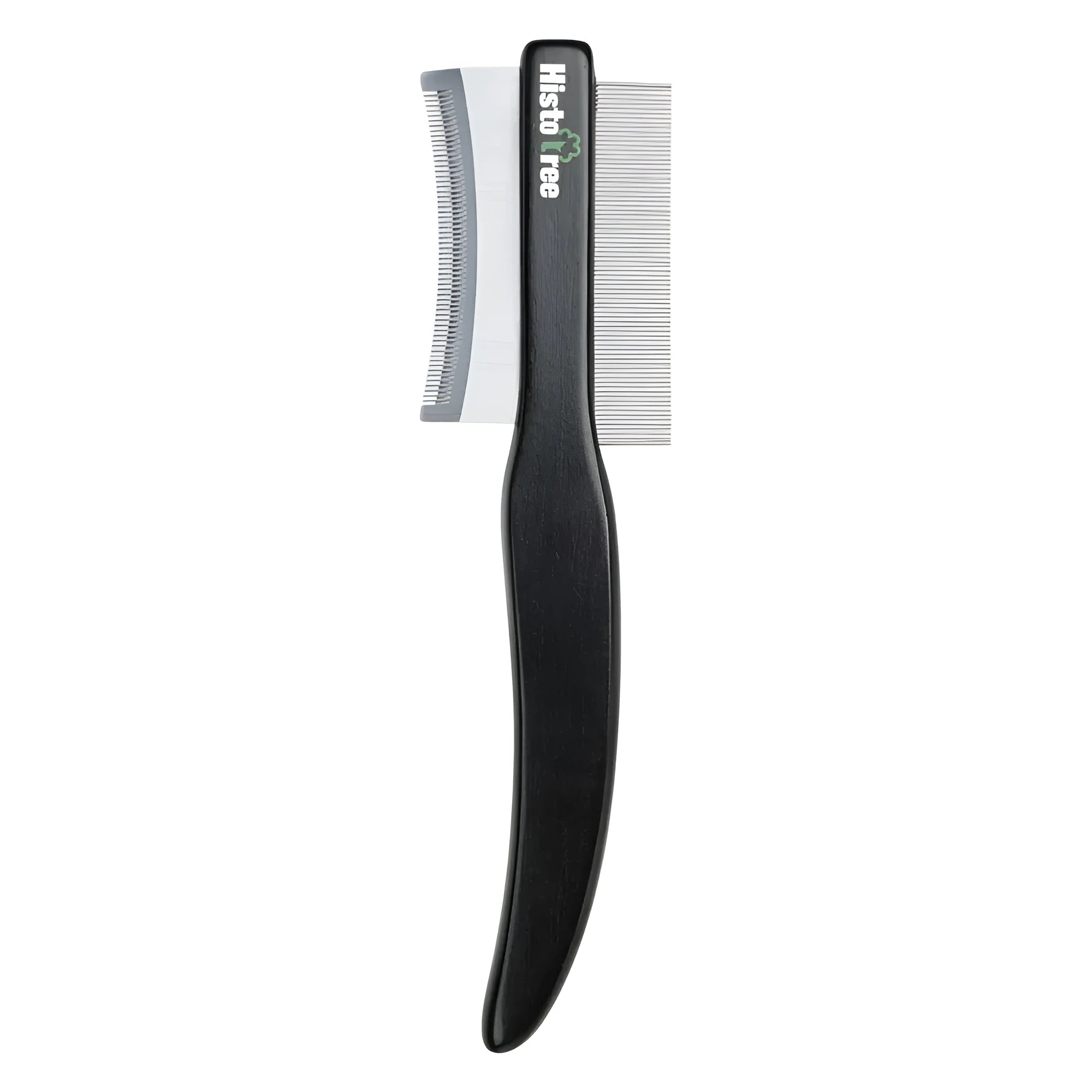 Double-sided stainless steel pet deshedding comb with wood handle for cat or dog grooming, black colour