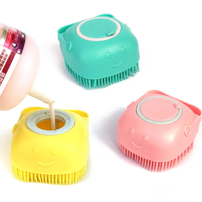 Silicone dog bath massage brush with shampoo dispenser, beige colour, round shape, on white background