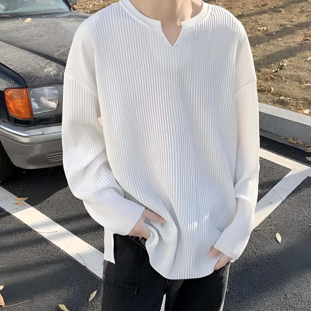 Plus size striped texture draping solid colour pullover top in black, long sleeves, loose fit polyester