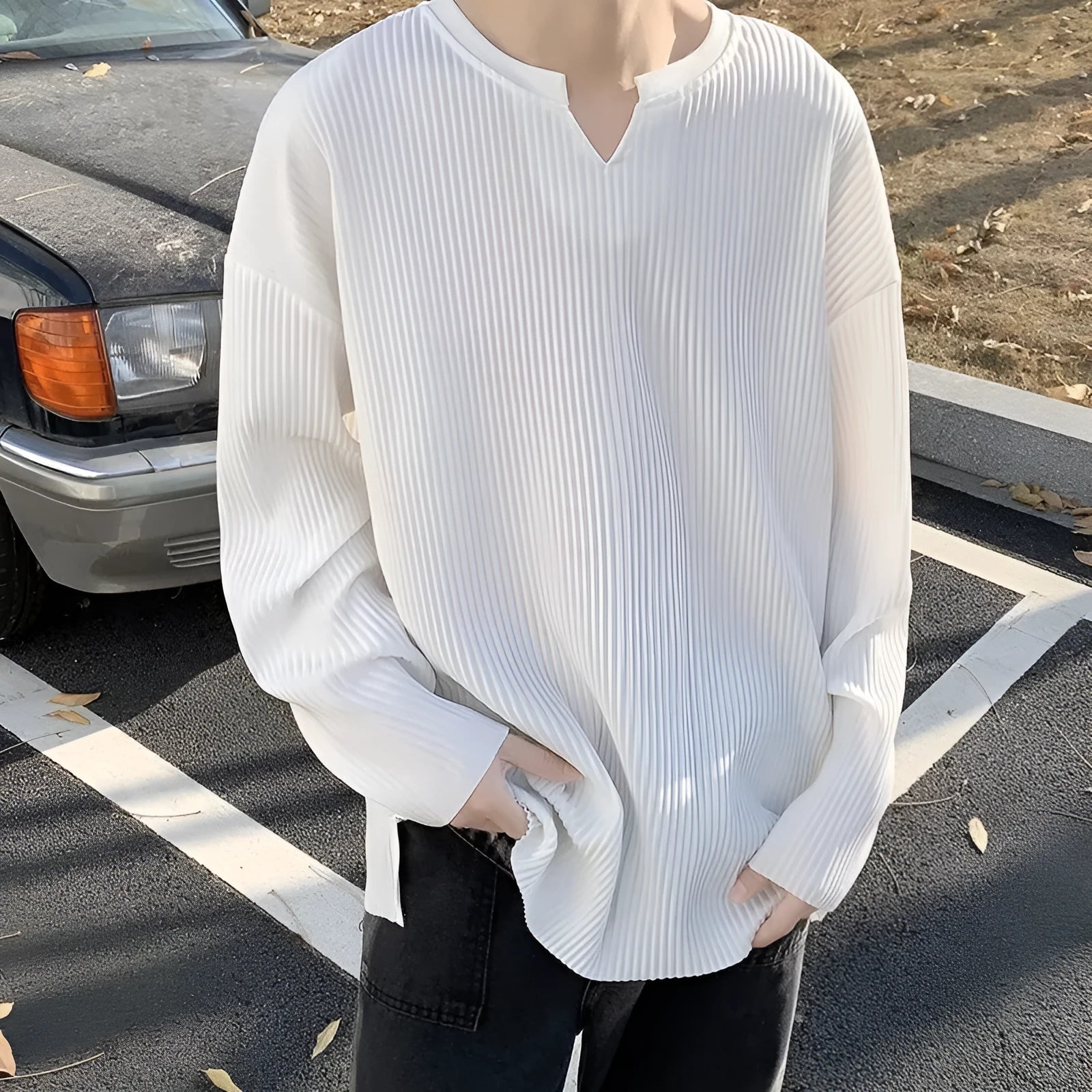 Plus size striped texture draping solid colour pullover top in black, long sleeves, loose fit polyester