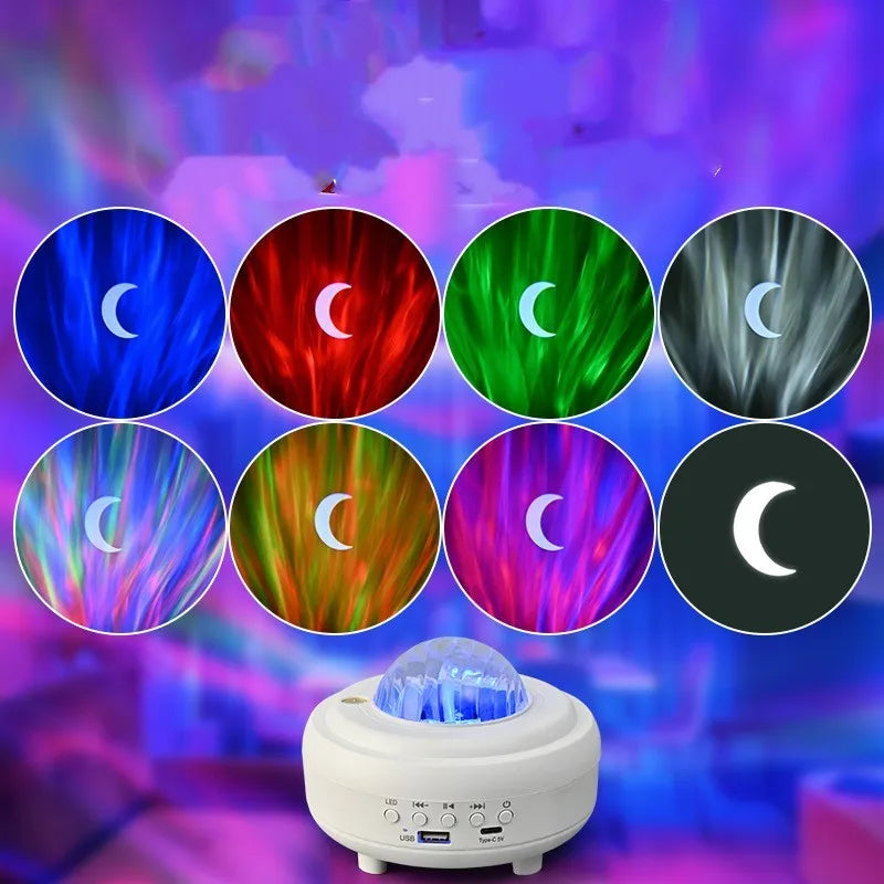 Galaxy star projector night light with 7 light effects and Bluetooth speaker in white rechargeable finish on a bedside table