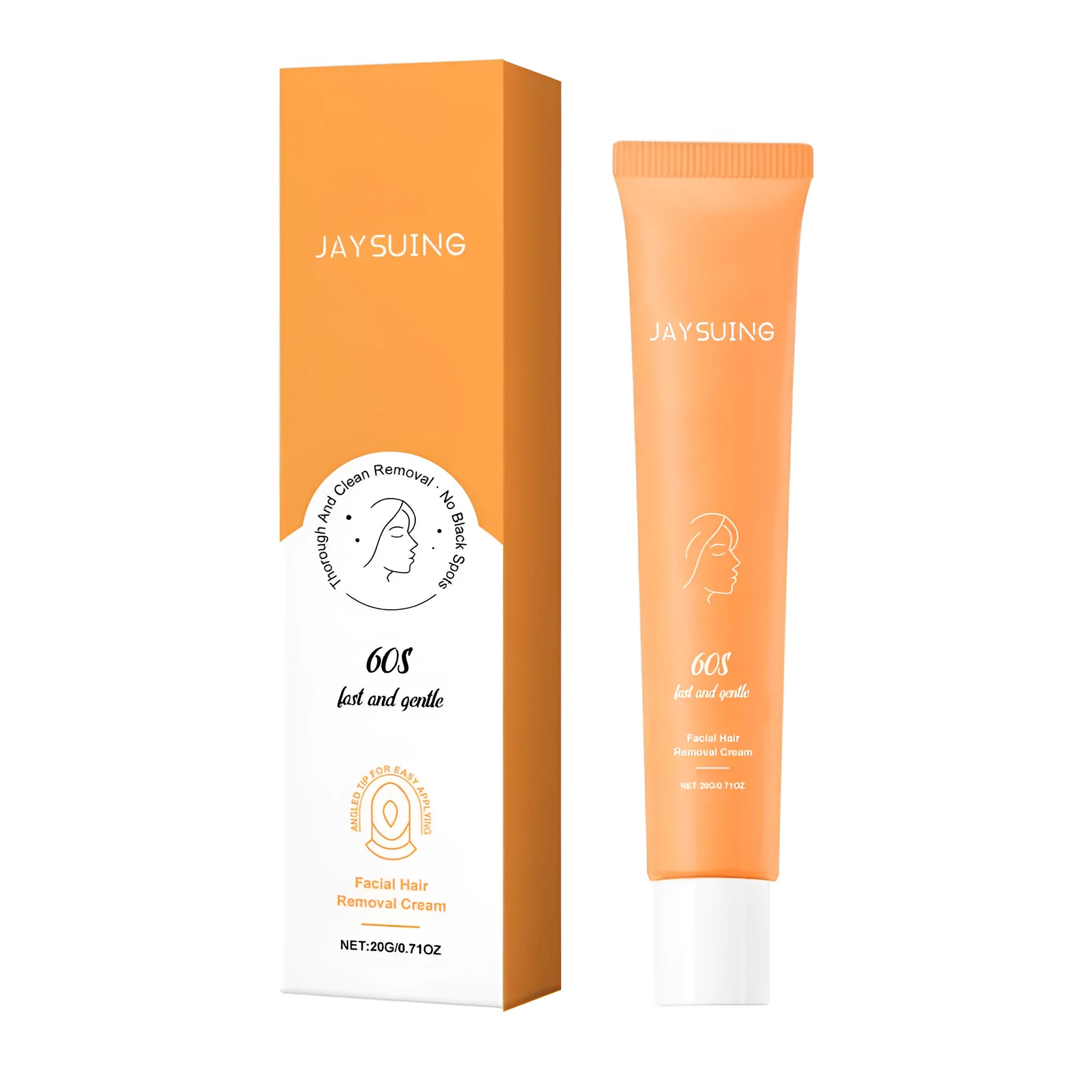 20g tube of facial hair removal cream with aloe and hyaluronic acid on a white background