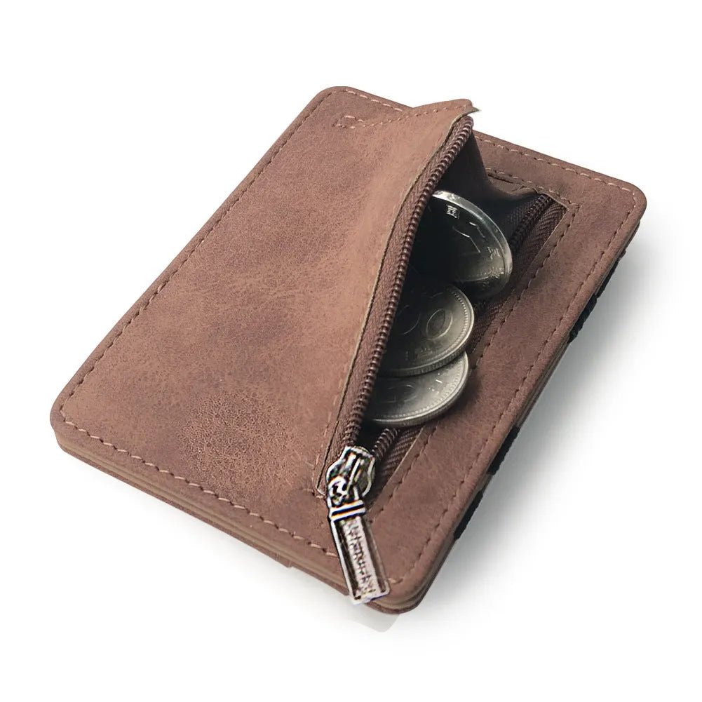 Korean style matte leather magic wallet in light gray with visible sewing lines and coin pocket