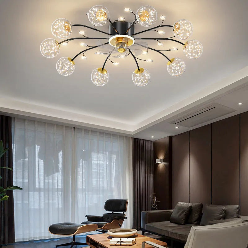 New Nordic Star Fan Lamp: modern ceiling fan with crystal light, iron frame, glass shades, 8-head model