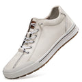 Men's white leather casual shoes with round toe and flat heel design