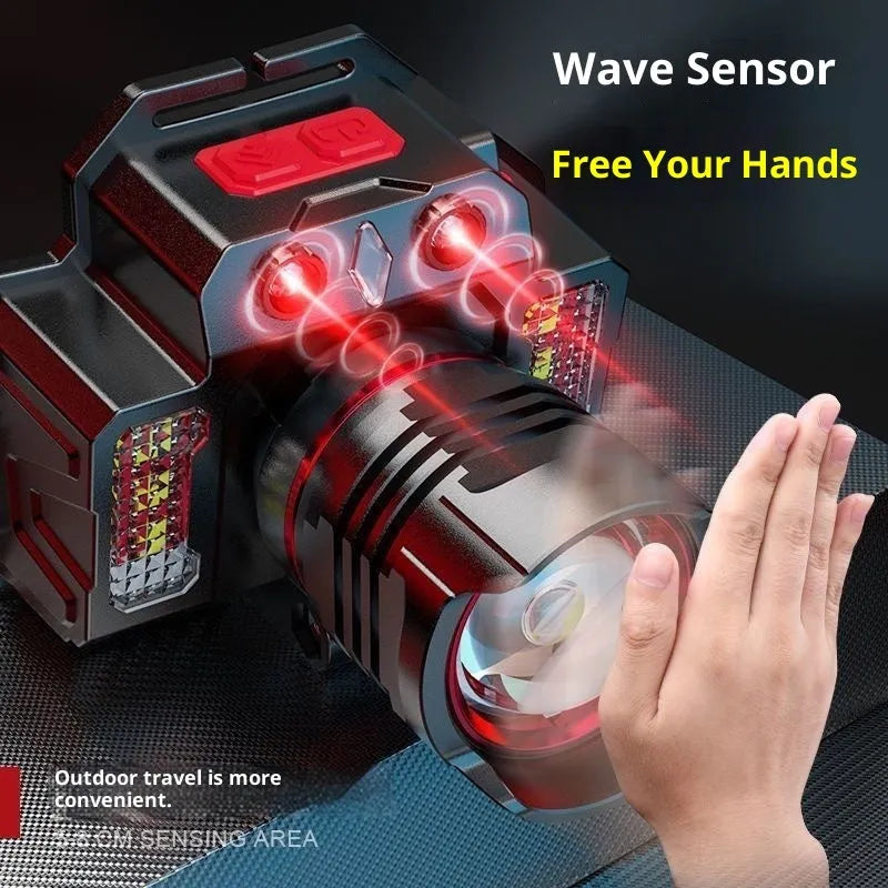 Wave Outdoor multi-function head-mounted zoomable sensor headlamp for hiking camping and emergency use