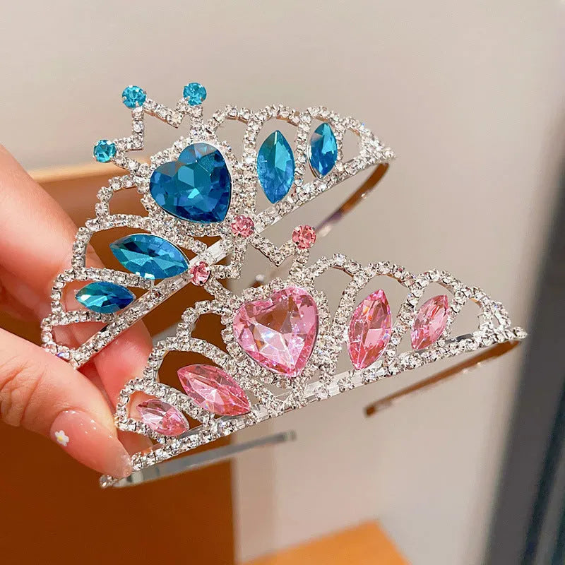 Children's crystal crown metal headband with electroplated finish in pink, light blue, or light purple for girls aged 3-10