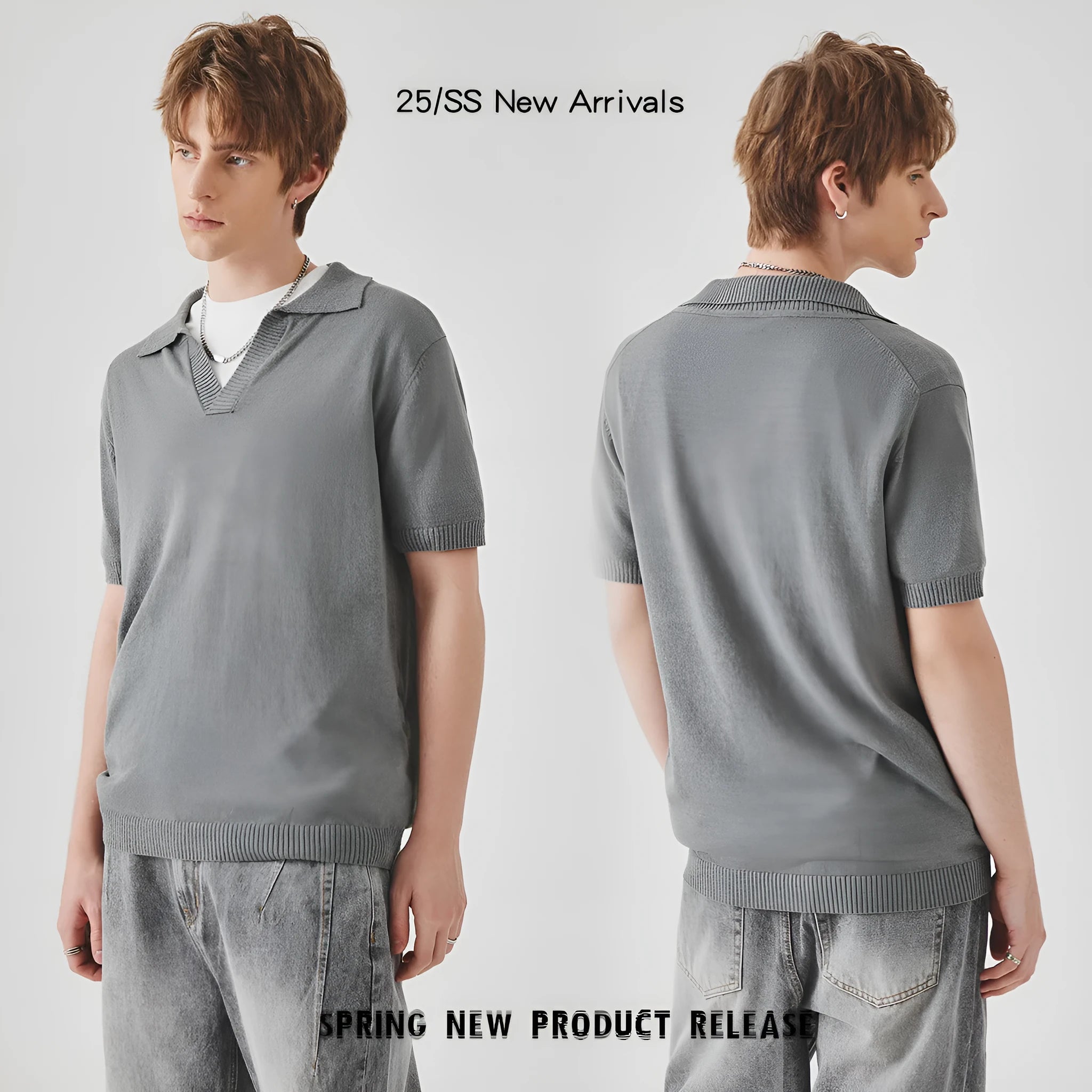 Solid colour knitted short-sleeve polo collar T-shirt for men, available in five summer shades including white, gray, navy blue, green, black