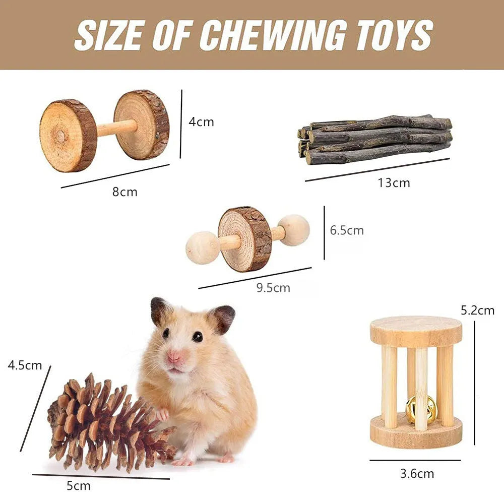 Assortment of natural wooden chew toys for small pets including mats, balls, and rings.