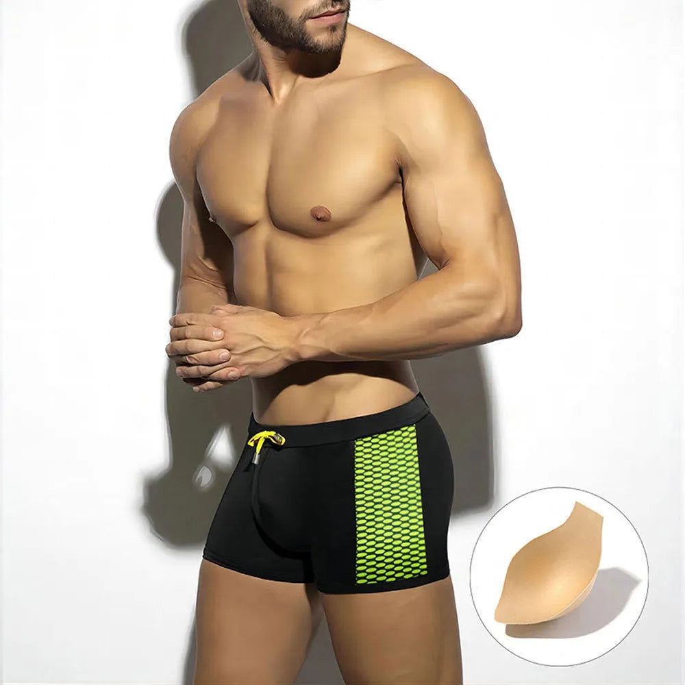 Men's polka dot print quick-dry swimming boxers in nylon on a hanger