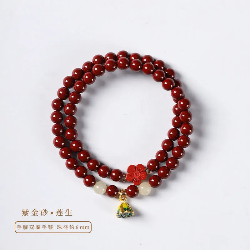 Purple gold cinnabar double circle bracelet with hand-woven lotus seedpod beads, 6mm, retro women's jewellery