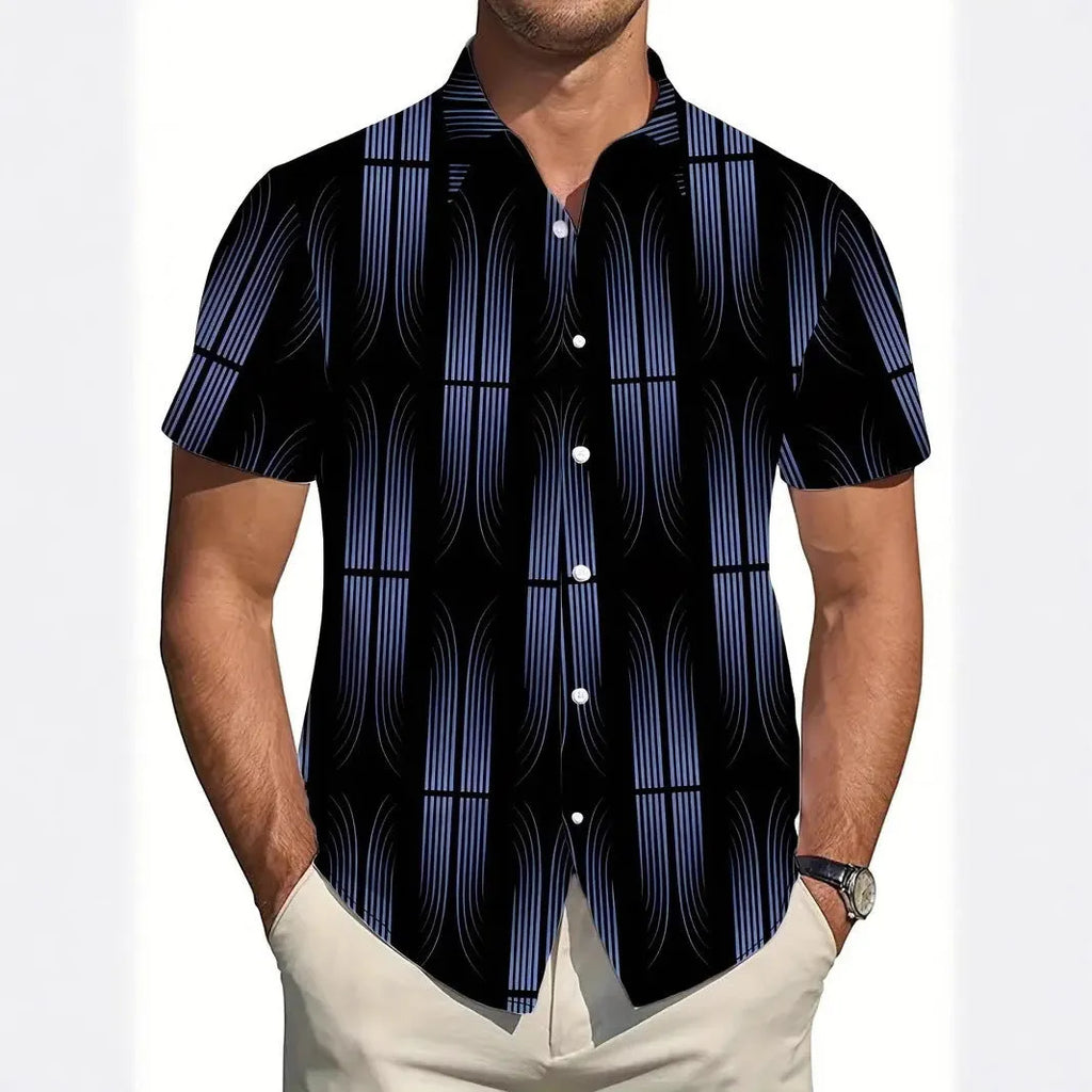 Men's blue geometric print lapel short sleeve shirt in slim fit