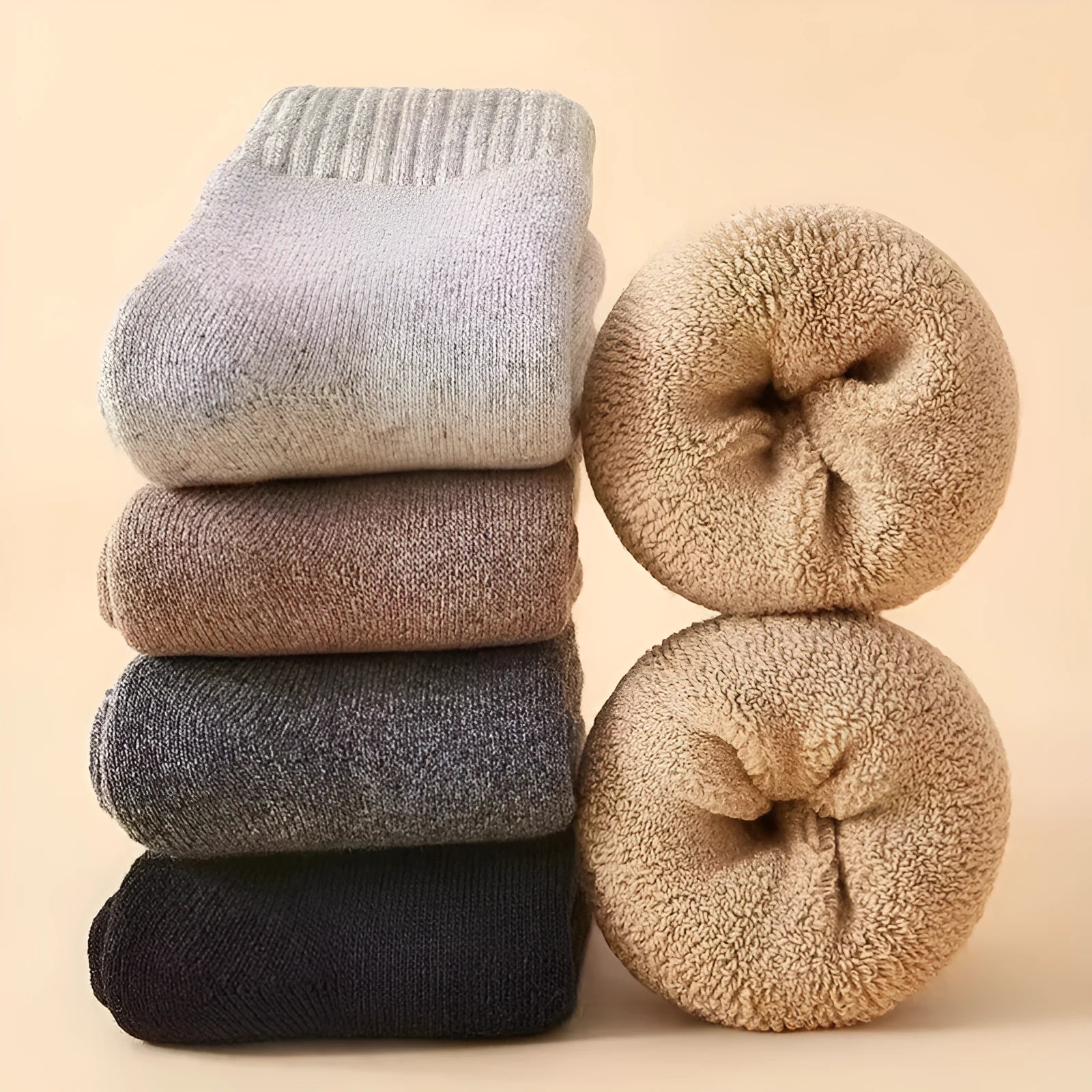 Men's thick wool winter socks in black, khaki, light grey, and dark grey, showing minimalist design.