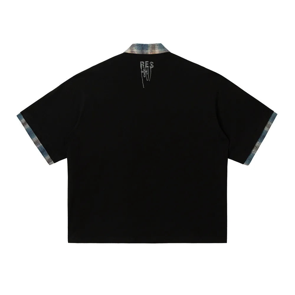 Men's loose asymmetric short-sleeved cotton top with graffiti printing on lapel in blue or red