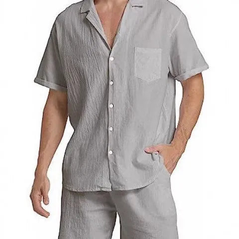 Men's summer sports short-sleeved shorts suit in linen blend black colour front view