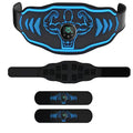 EMS massage belt with rechargeable control unit and arm stimulation stickers in blue or orange