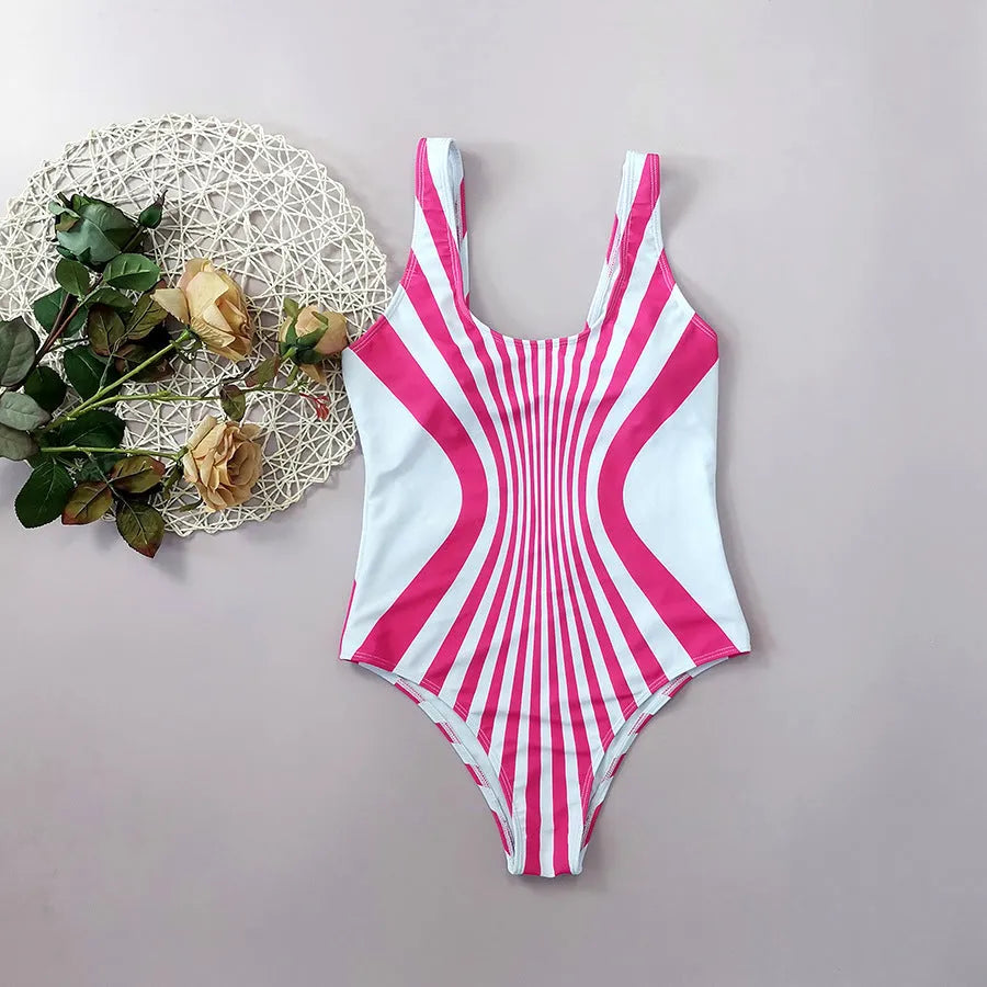 Women's pink striped one-piece swimsuit with digital printing on front and rear