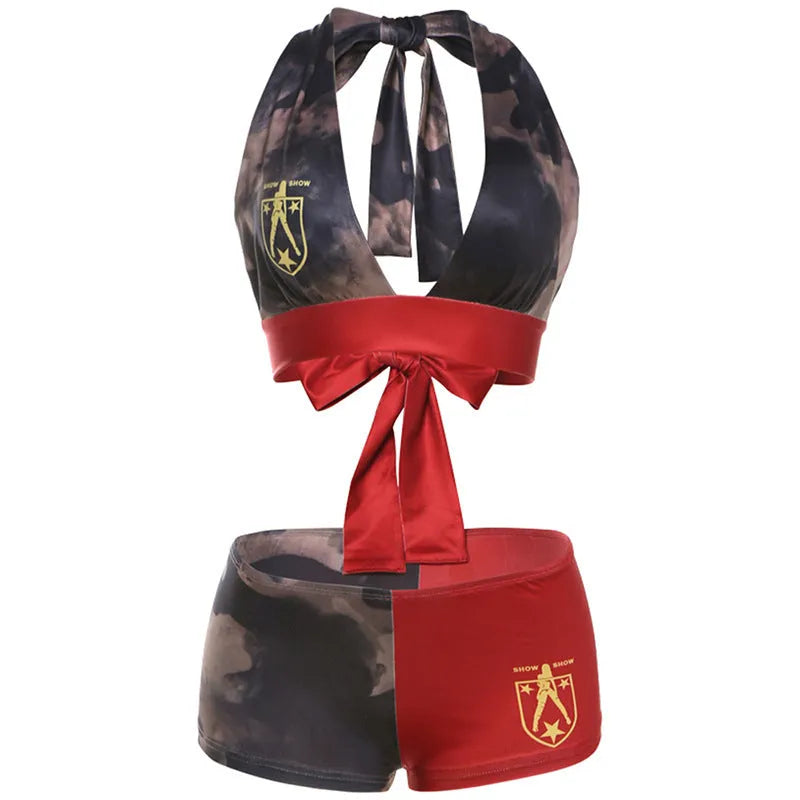 Women's high waist hip lift printed shorts swimsuit set in red with 3D effect pattern