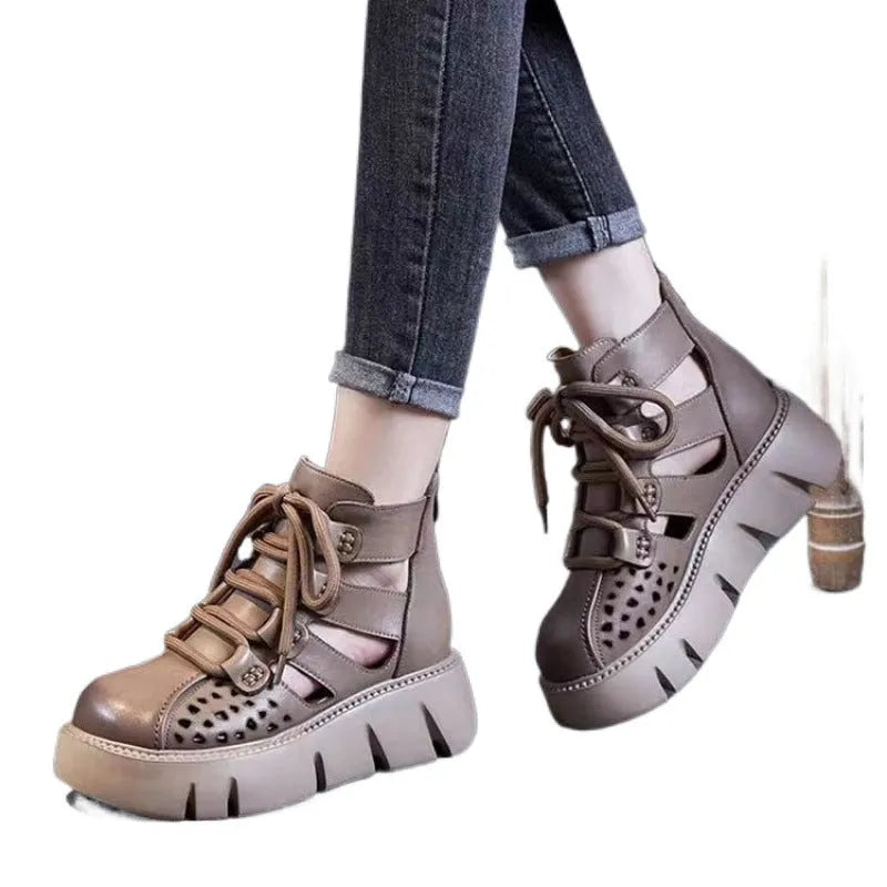 Women's platform sandals with hollow hole design, fish-mouth toe, PU sole, in black colour