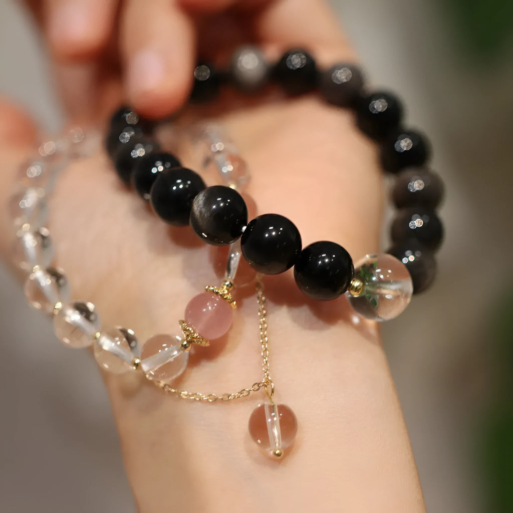 White crystal bracelet with geometric beads, 8mm women's and 10mm men's sizes, Chinese style design