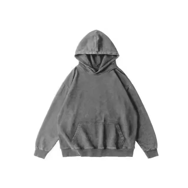 Men's retro washed cotton hoodie pullover in brown, loose fit, batik process, long sleeve, collarless