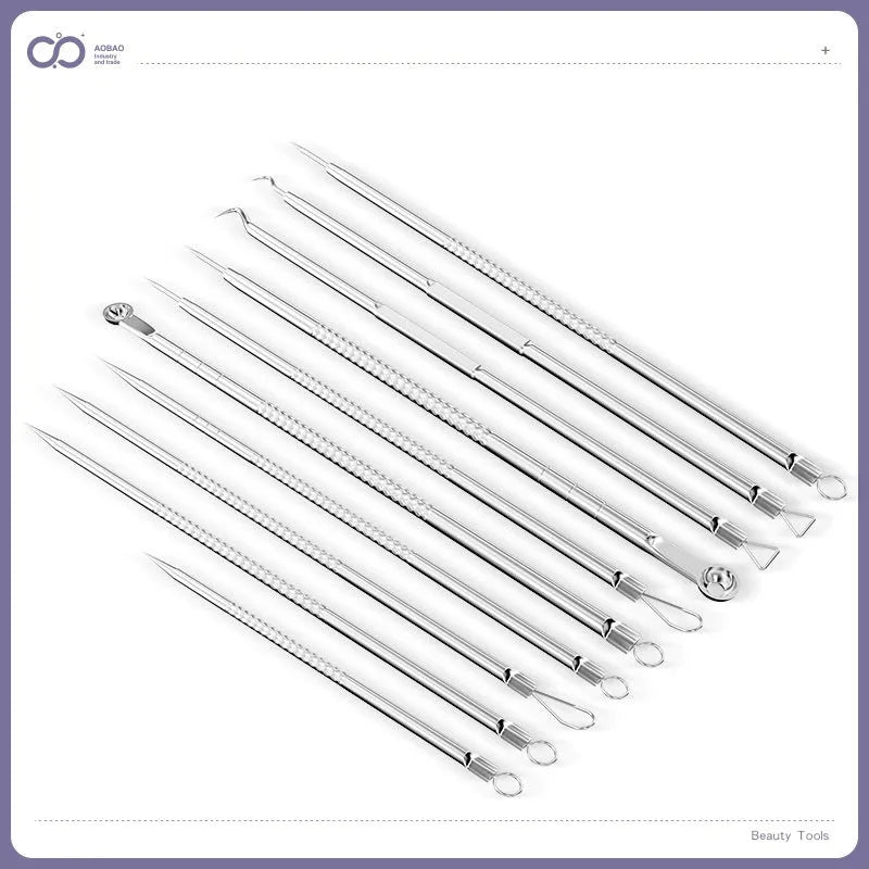 Four silver metal acne needles with ultra-fine points for blackhead removal.